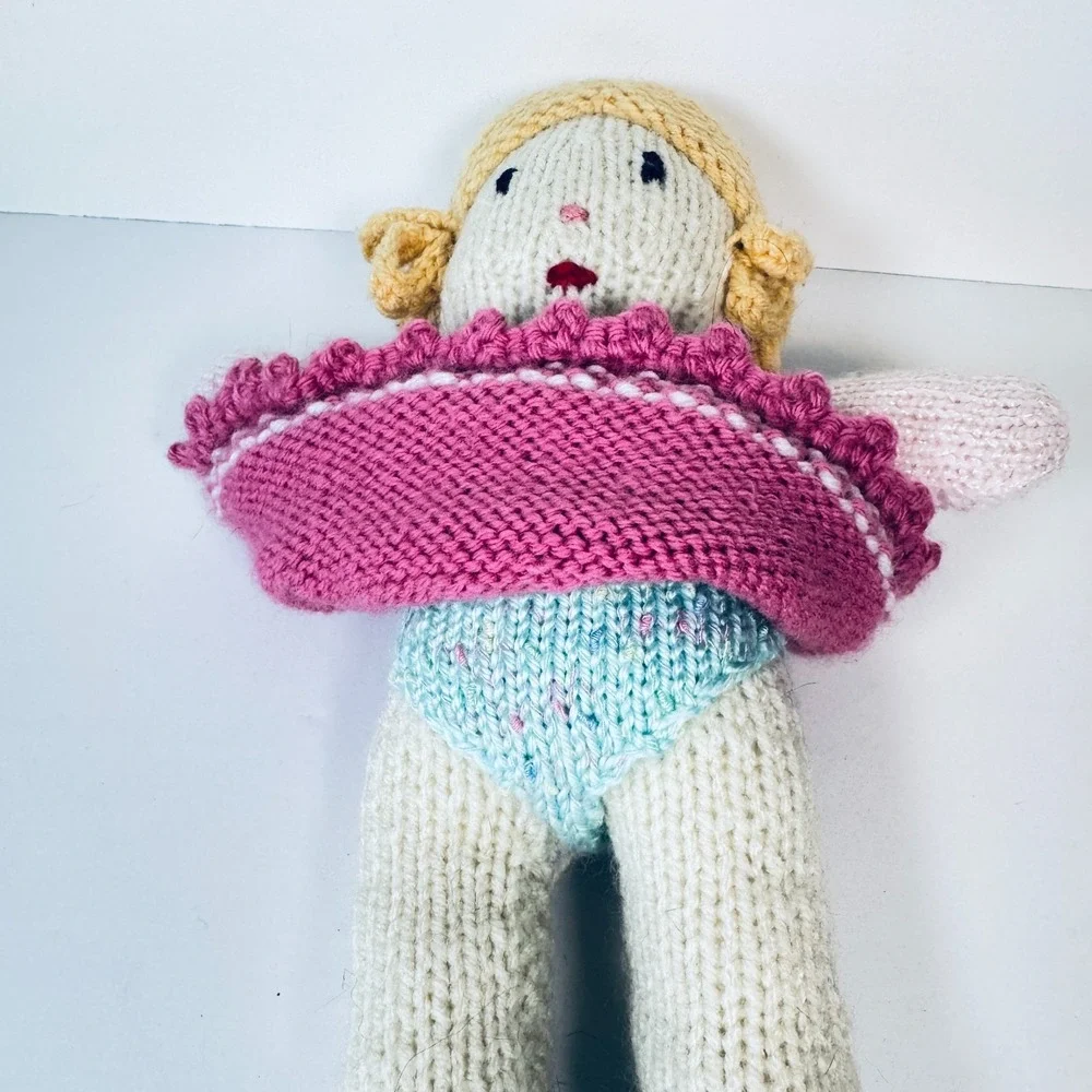 Hand-Knitted Yarn Doll Jean Greenhowe Vintage Pattern Blonde Girl Pink 11.5 in